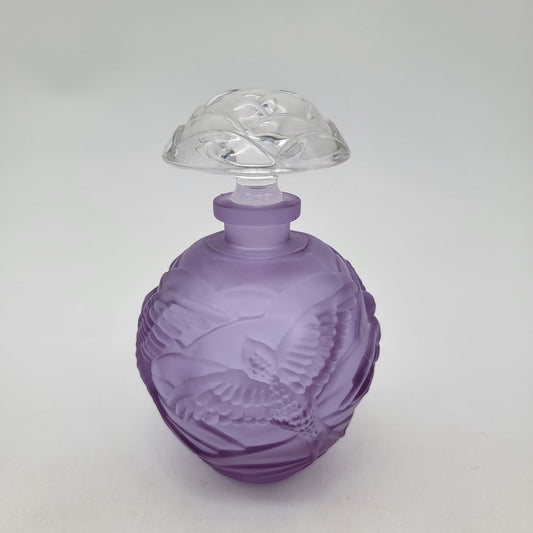 Vintage German Lavender Neodymium 24% Lead Crystal Perfume Bottle With Bird Motif & Clear Stopper