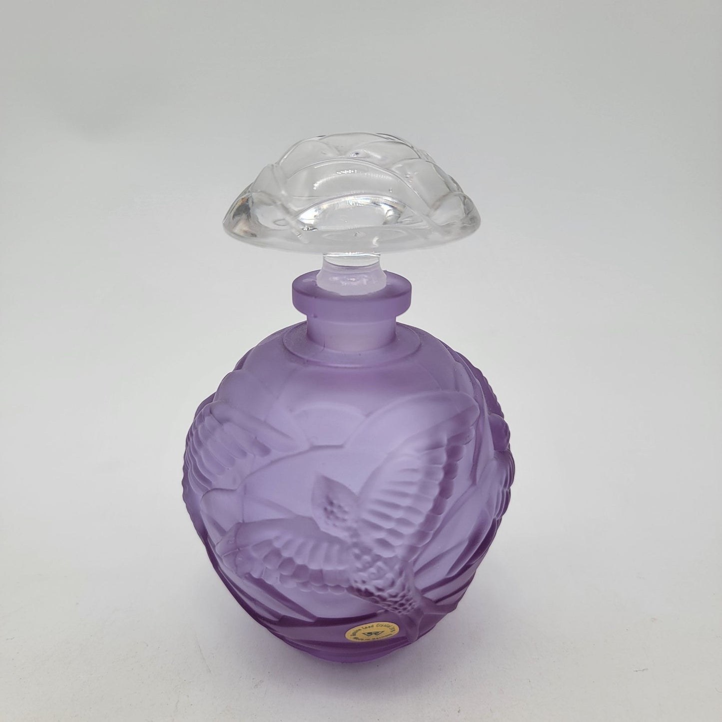 Vintage German Lavender Neodymium 24% Lead Crystal Perfume Bottle With Bird Motif & Clear Stopper