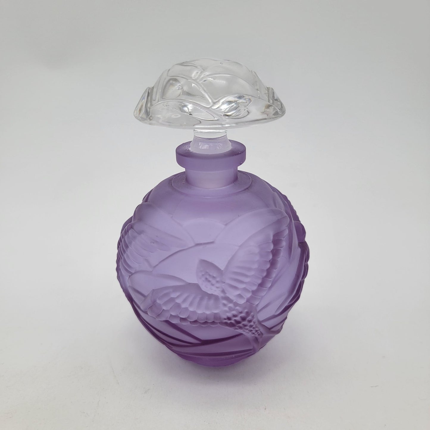 Vintage German Lavender Neodymium 24% Lead Crystal Perfume Bottle With Bird Motif & Clear Stopper