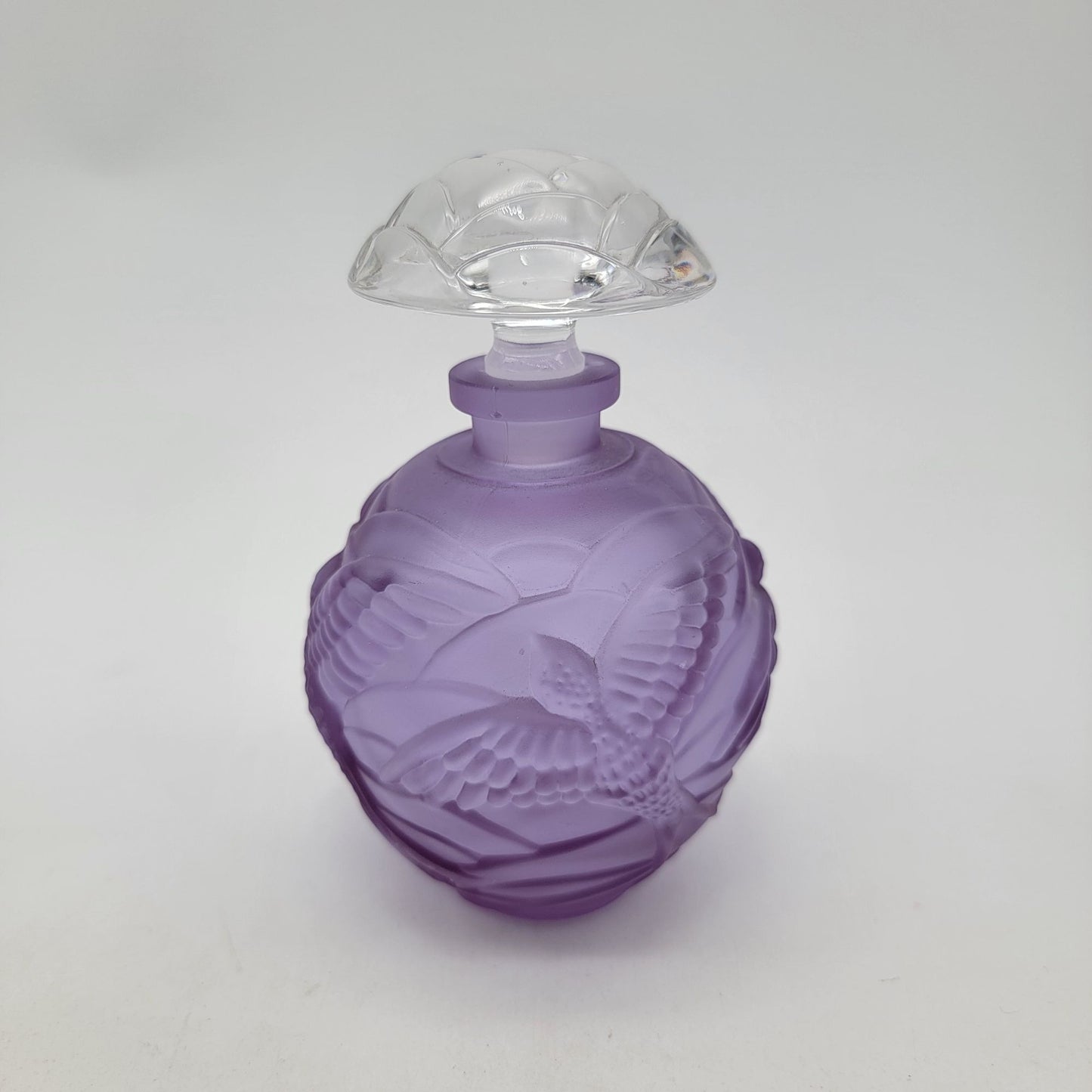 Vintage German Lavender Neodymium 24% Lead Crystal Perfume Bottle With Bird Motif & Clear Stopper