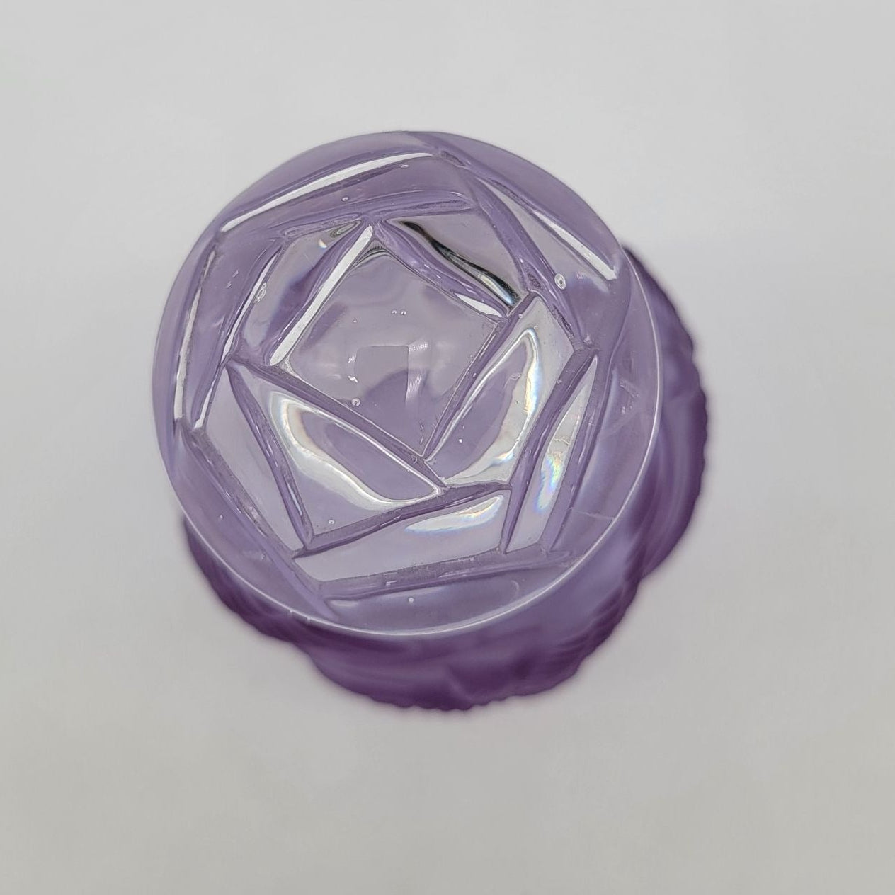 Vintage German Lavender Neodymium 24% Lead Crystal Perfume Bottle With Bird Motif & Clear Stopper