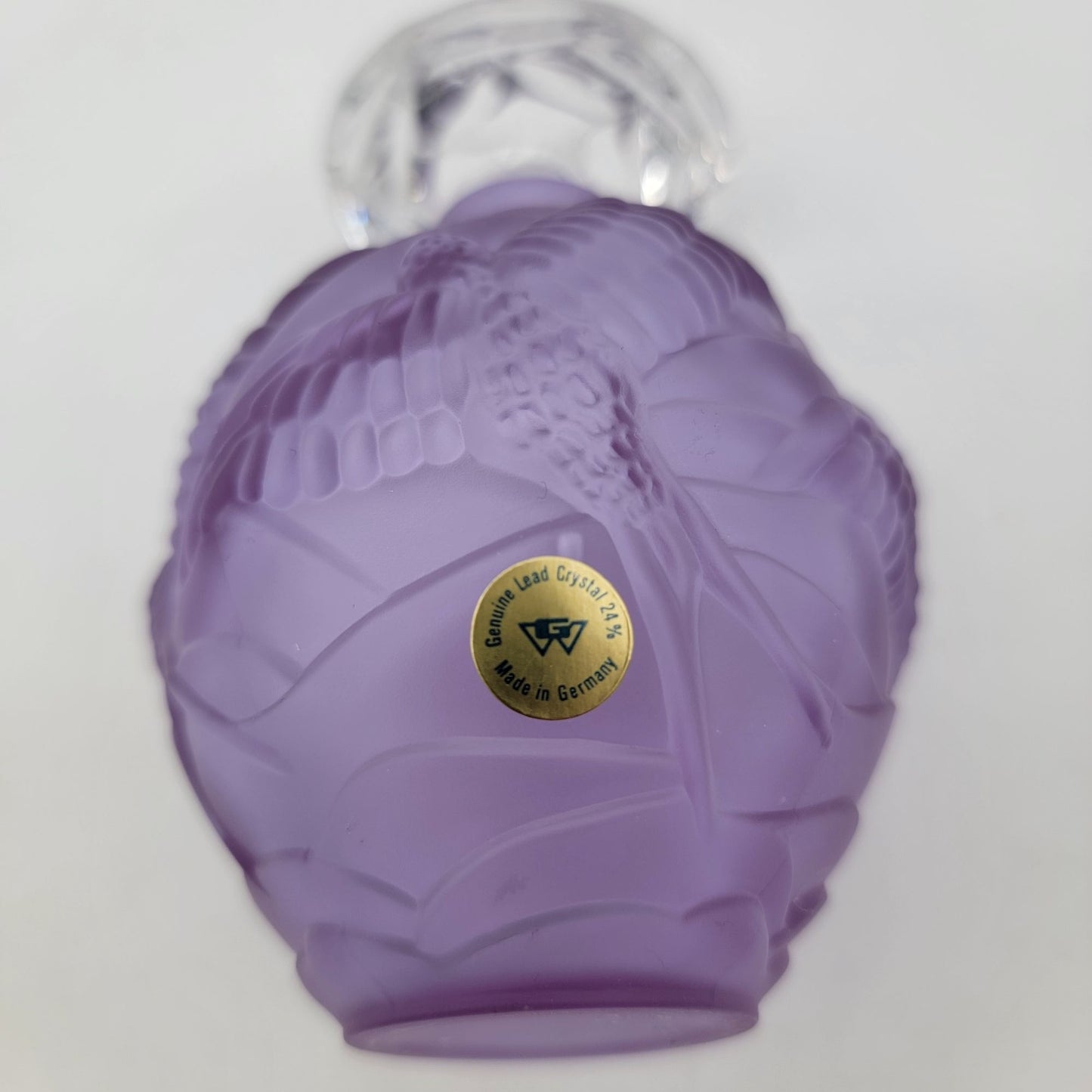 Vintage German Lavender Neodymium 24% Lead Crystal Perfume Bottle With Bird Motif & Clear Stopper