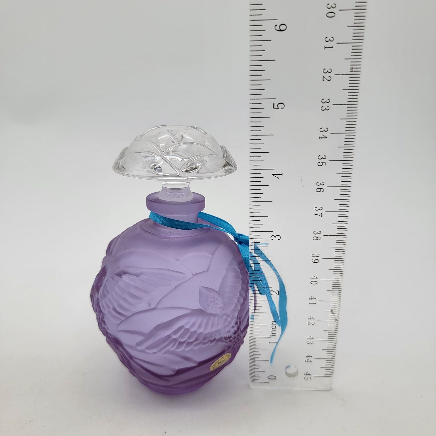 Vintage German Lavender Neodymium 24% Lead Crystal Perfume Bottle With Bird Motif & Clear Stopper