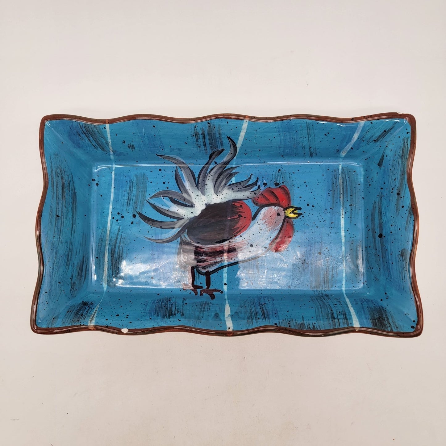 Hand-Painted Rooster Rectangular Deep Dish