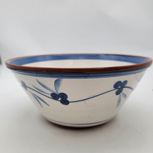 Handcrafted Redware Pottery Bowl With Blue Floral Design