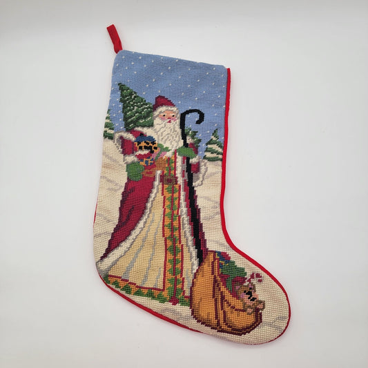 Vintage Needlepoint Tapestry Santa Christmas Stocking