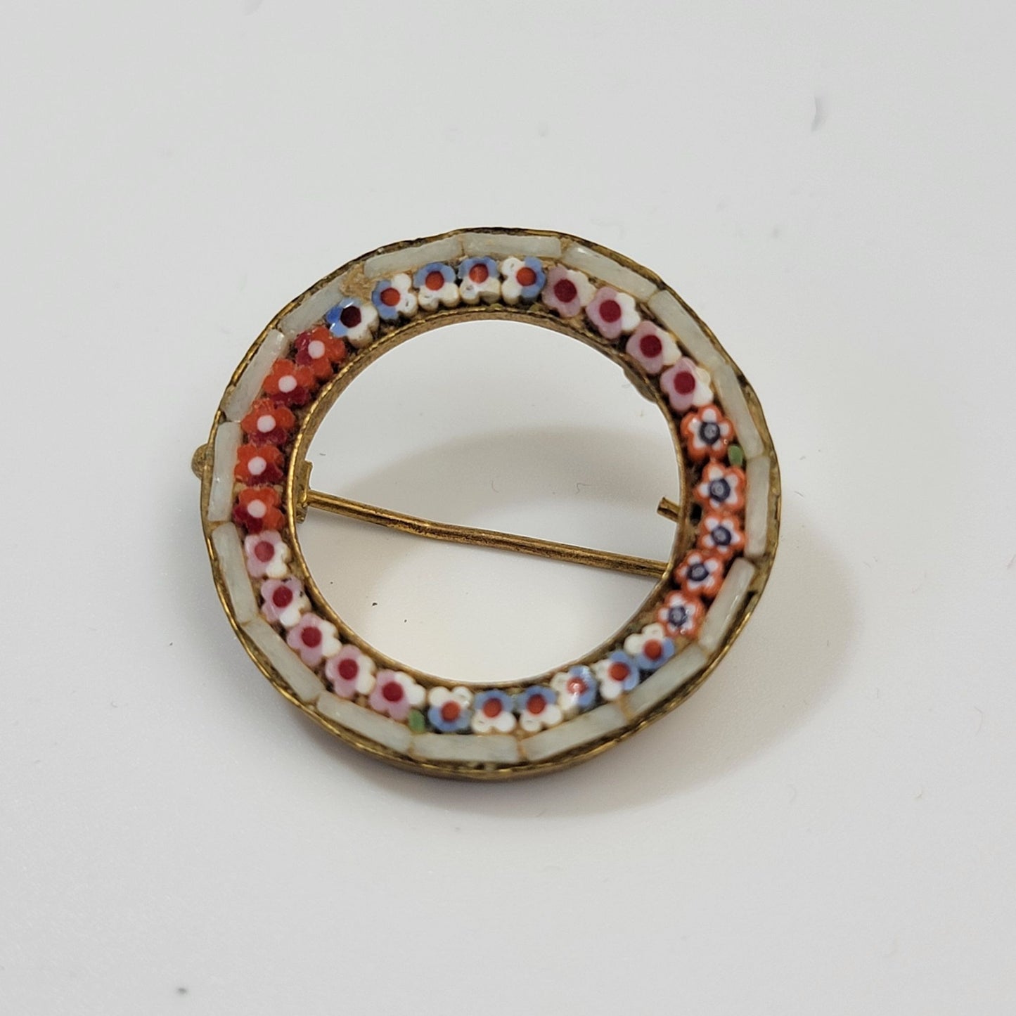 Antique 1920s Micro Mosaic Glass Brooch Millefiori Tesserae Made in Italy