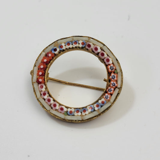 Antique 1920s Micro Mosaic Glass Brooch Millefiori Tesserae Made in Italy