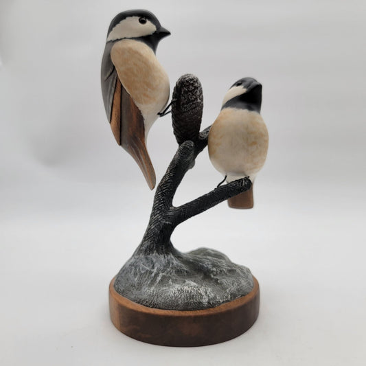 OOAK Carved Wood Black-Capped Chickadees in Tree Sculpture