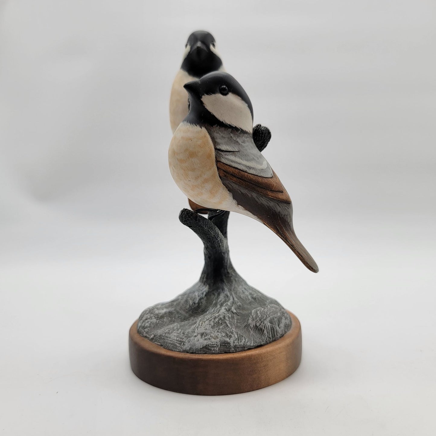 OOAK Carved Wood Black-Capped Chickadees in Tree Sculpture