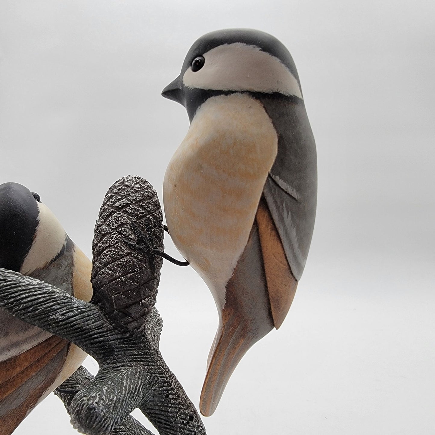 OOAK Carved Wood Black-Capped Chickadees in Tree Sculpture