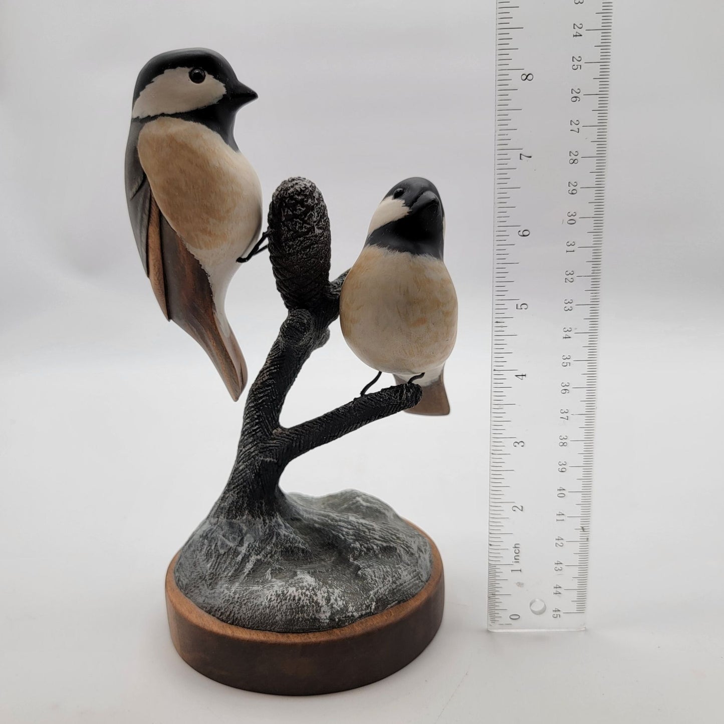 OOAK Carved Wood Black-Capped Chickadees in Tree Sculpture