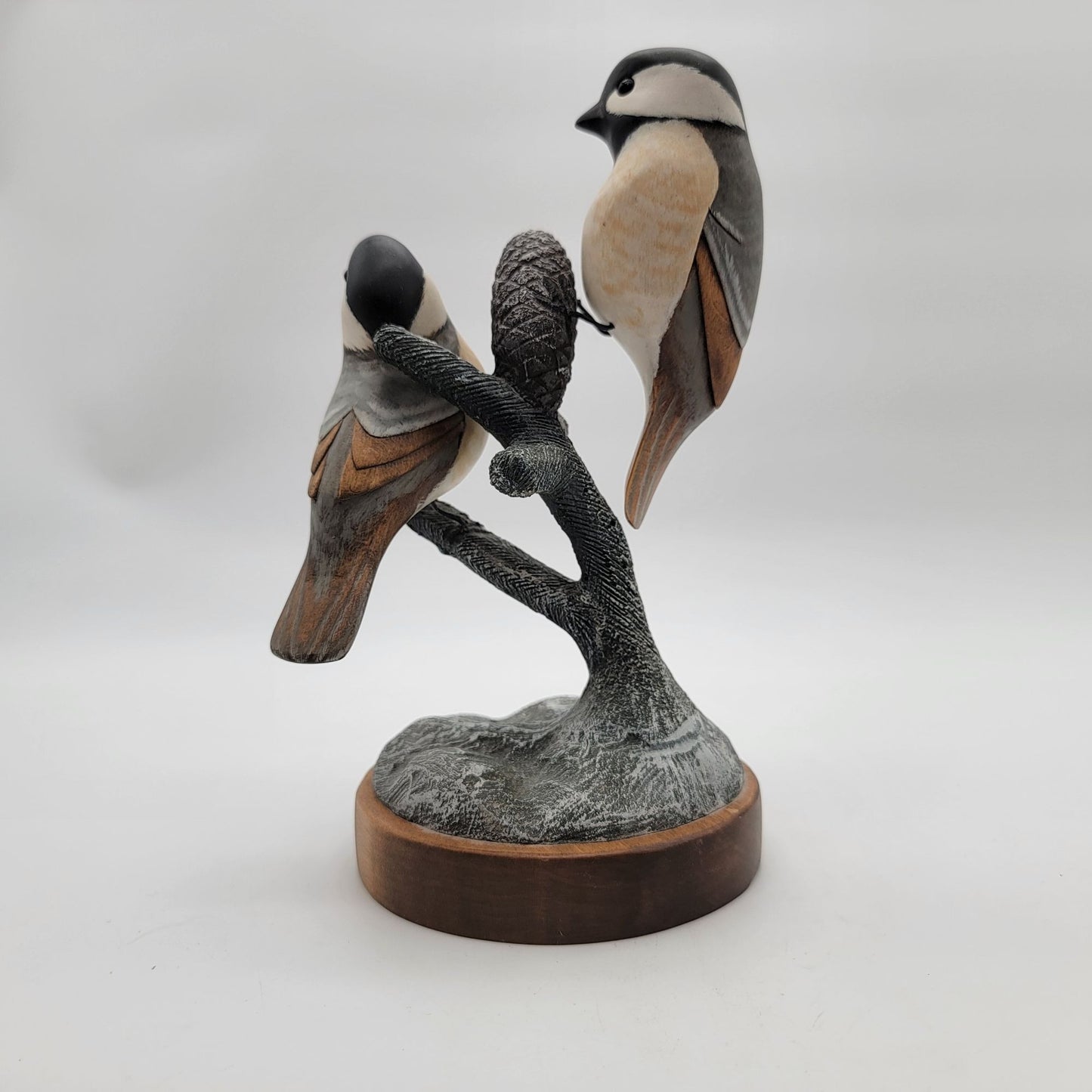 OOAK Carved Wood Black-Capped Chickadees in Tree Sculpture