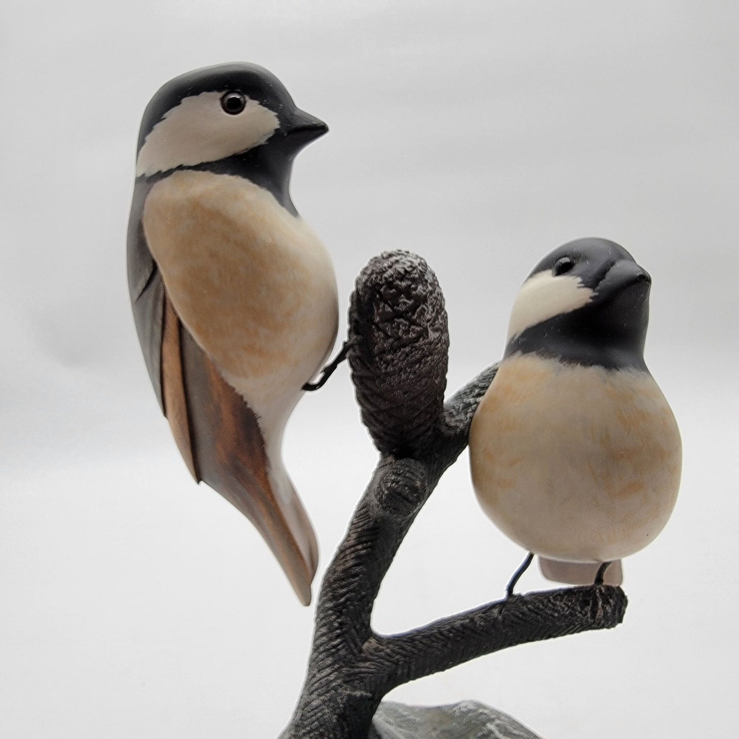 OOAK Carved Wood Black-Capped Chickadees in Tree Sculpture