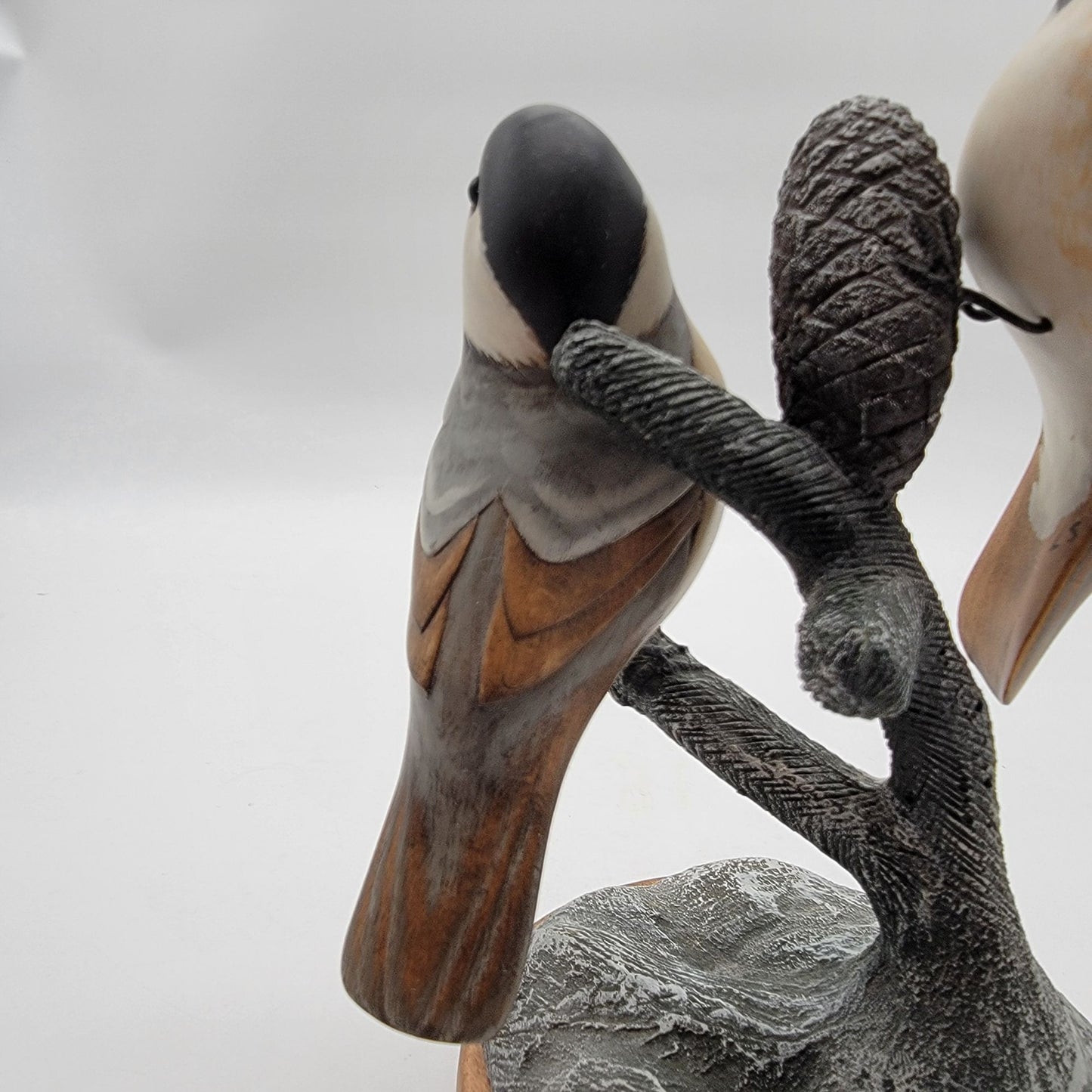 OOAK Carved Wood Black-Capped Chickadees in Tree Sculpture