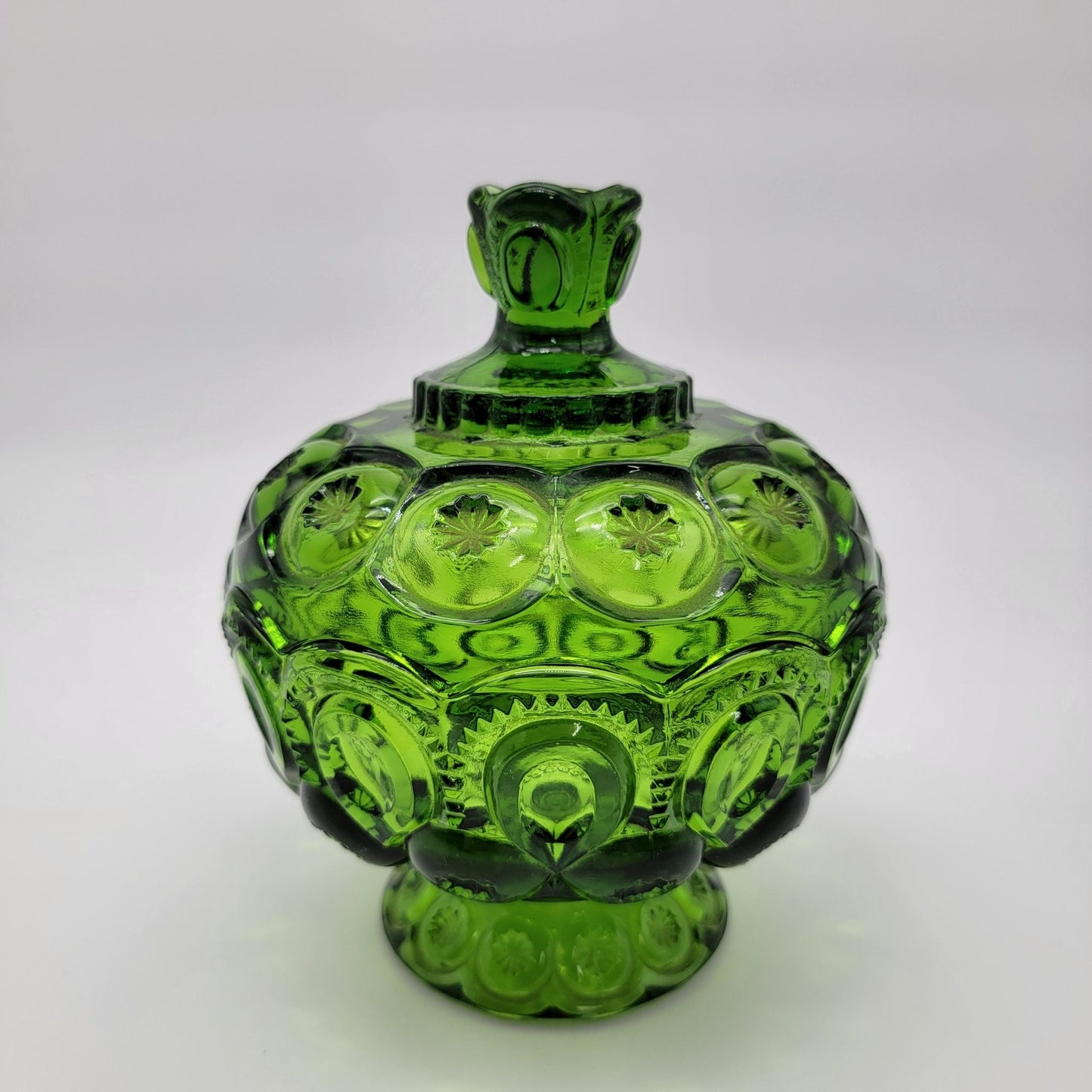 Vintage L.E. Smith Moon & Stars Green Glass Lidded Compote Candy Dish