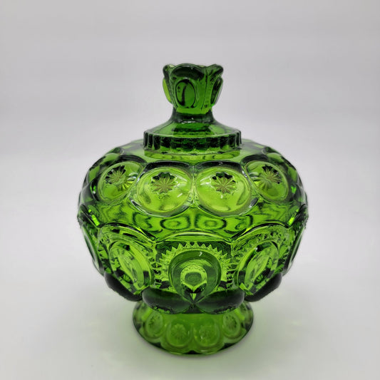 Vintage L.E. Smith Moon & Stars Green Glass Lidded Compote Candy Dish