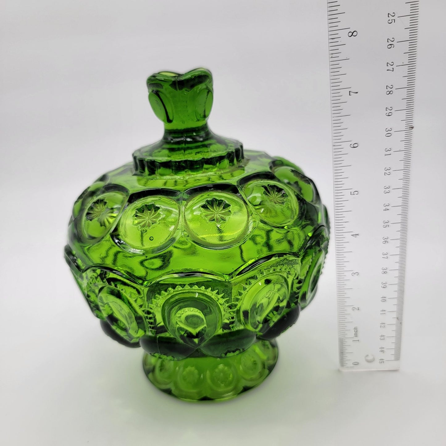 Vintage L.E. Smith Moon & Stars Green Glass Lidded Compote Candy Dish