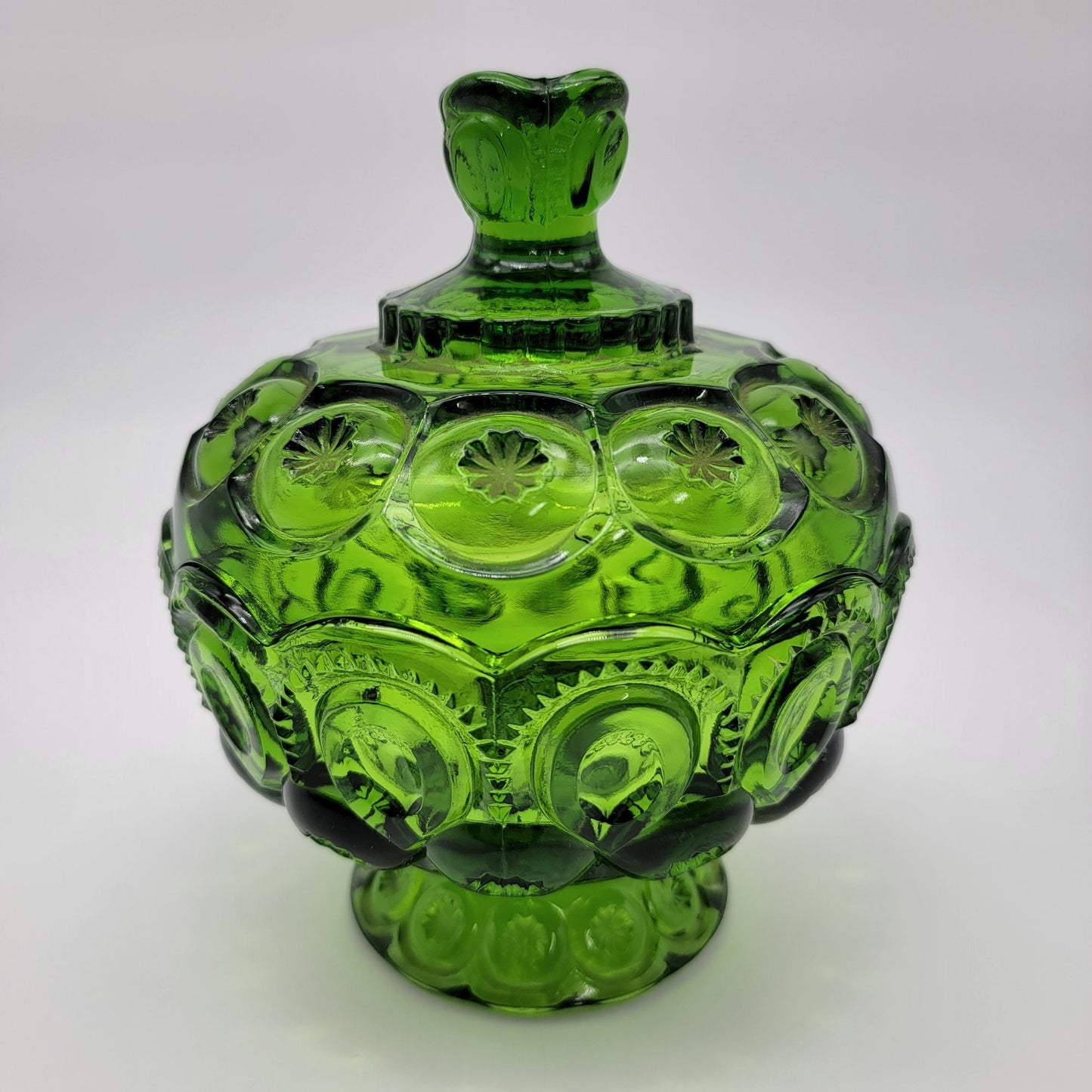 Vintage L.E. Smith Moon & Stars Green Glass Lidded Compote Candy Dish