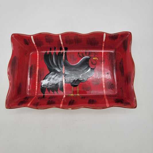 Vintage Rooster Motif Serving Platter Red & White Farmhouse Decor
