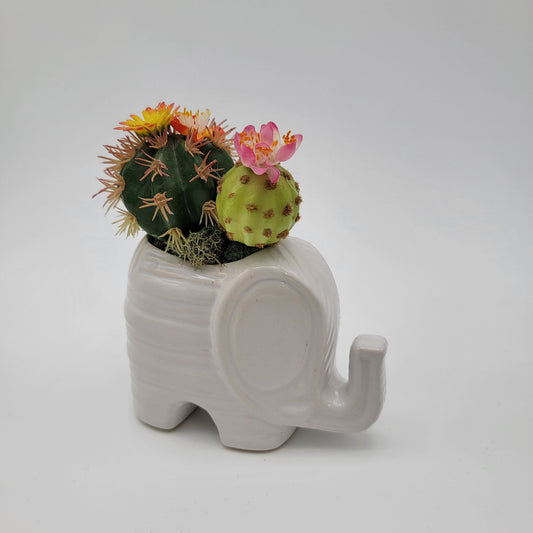 White Elephant Succulent Planter With Faux Cacti Arrangement