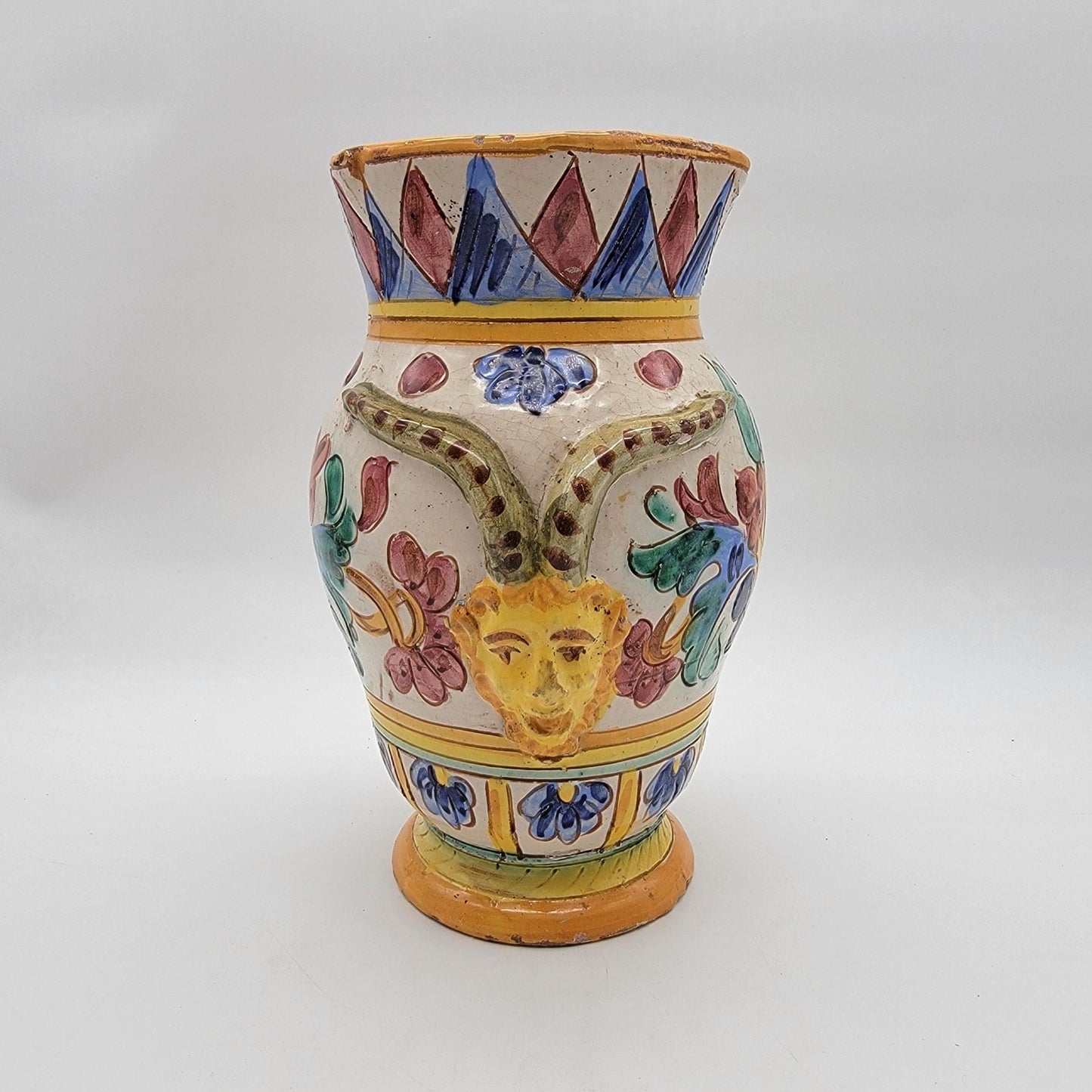 Vintage Italian Majolica Deruta Pottery Vase Goat Satyr Head & Floral Relief As Found