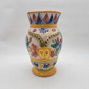 Vintage Italian Majolica Deruta Pottery Vase Goat Satyr Head & Floral Relief As Found