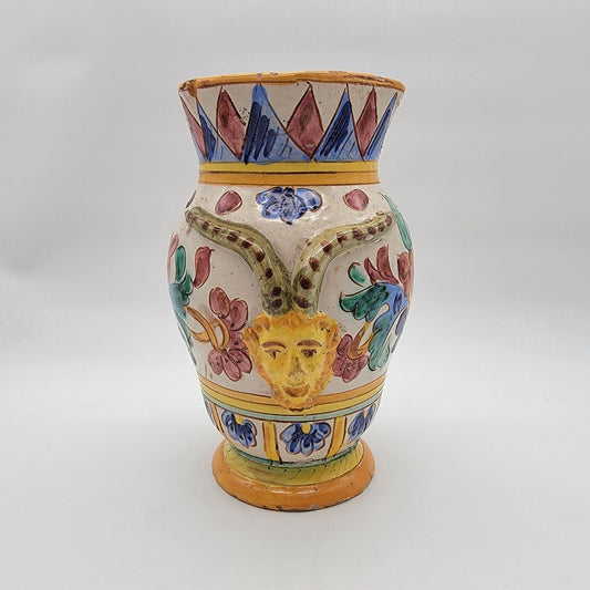 Vintage Italian Majolica Deruta Pottery Vase Goat Satyr Head & Floral Relief As Found