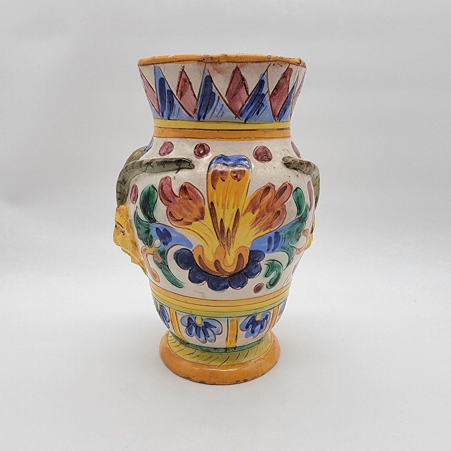 Vintage Italian Majolica Deruta Pottery Vase Goat Satyr Head & Floral Relief As Found