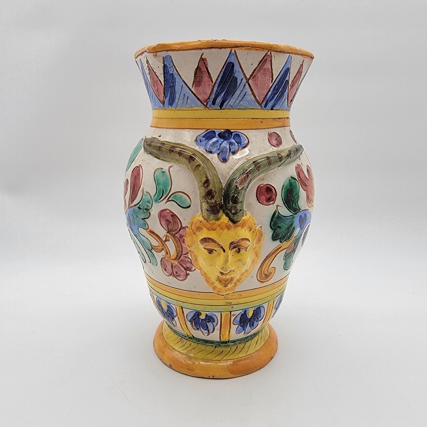 Vintage Italian Majolica Deruta Pottery Vase Goat Satyr Head & Floral Relief As Found