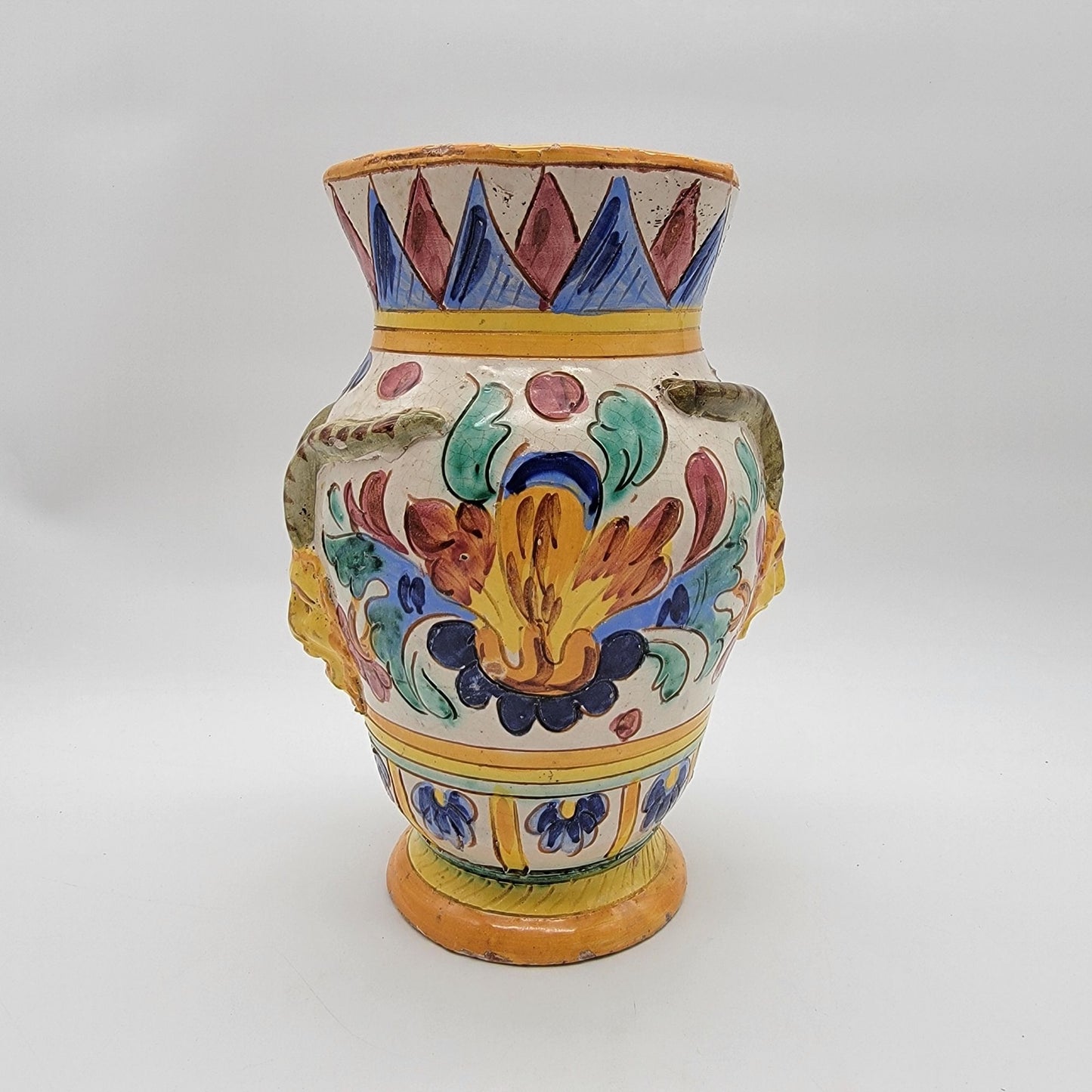 Vintage Italian Majolica Deruta Pottery Vase Goat Satyr Head & Floral Relief As Found