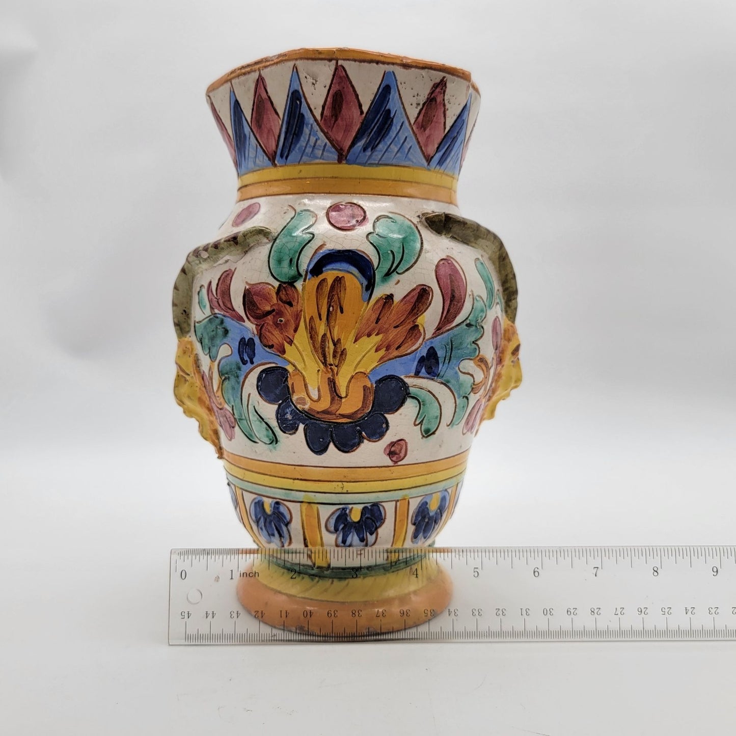 Vintage Italian Majolica Deruta Pottery Vase Goat Satyr Head & Floral Relief As Found