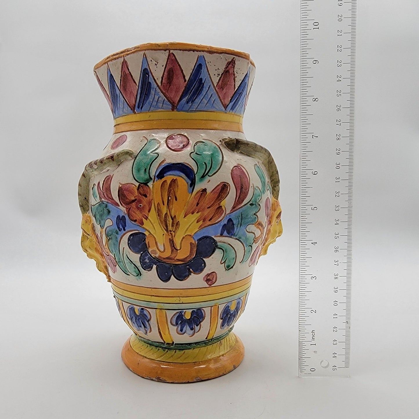 Vintage Italian Majolica Deruta Pottery Vase Goat Satyr Head & Floral Relief As Found