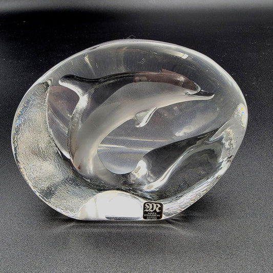 Mats Jonasson Crystal Dolphin Paperweight Signed MJ sweden 0523