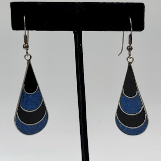 Vintage Alpaca Mosaic Turquoise & Onyx Dangle Earrings
