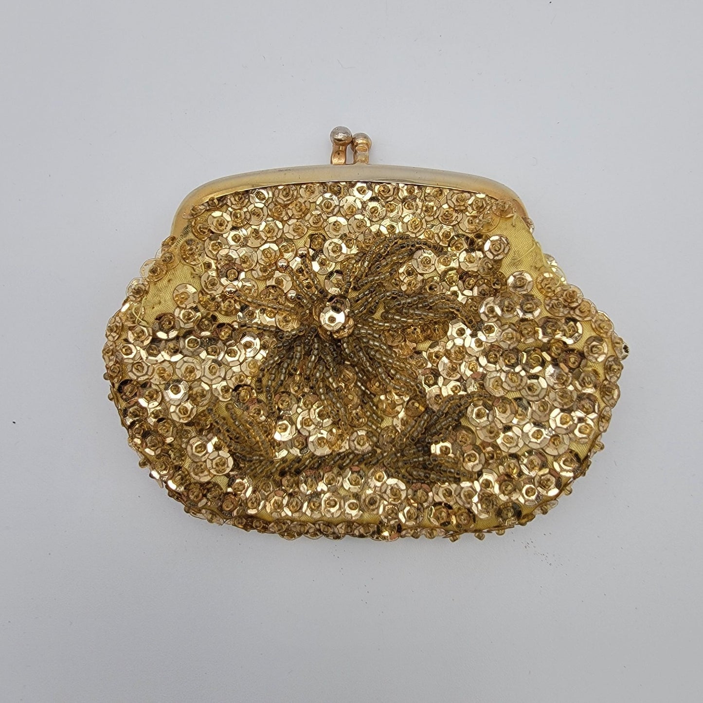 Vintage Gold Beaded & Sequins Evening Bag With Kiss Lock Closure