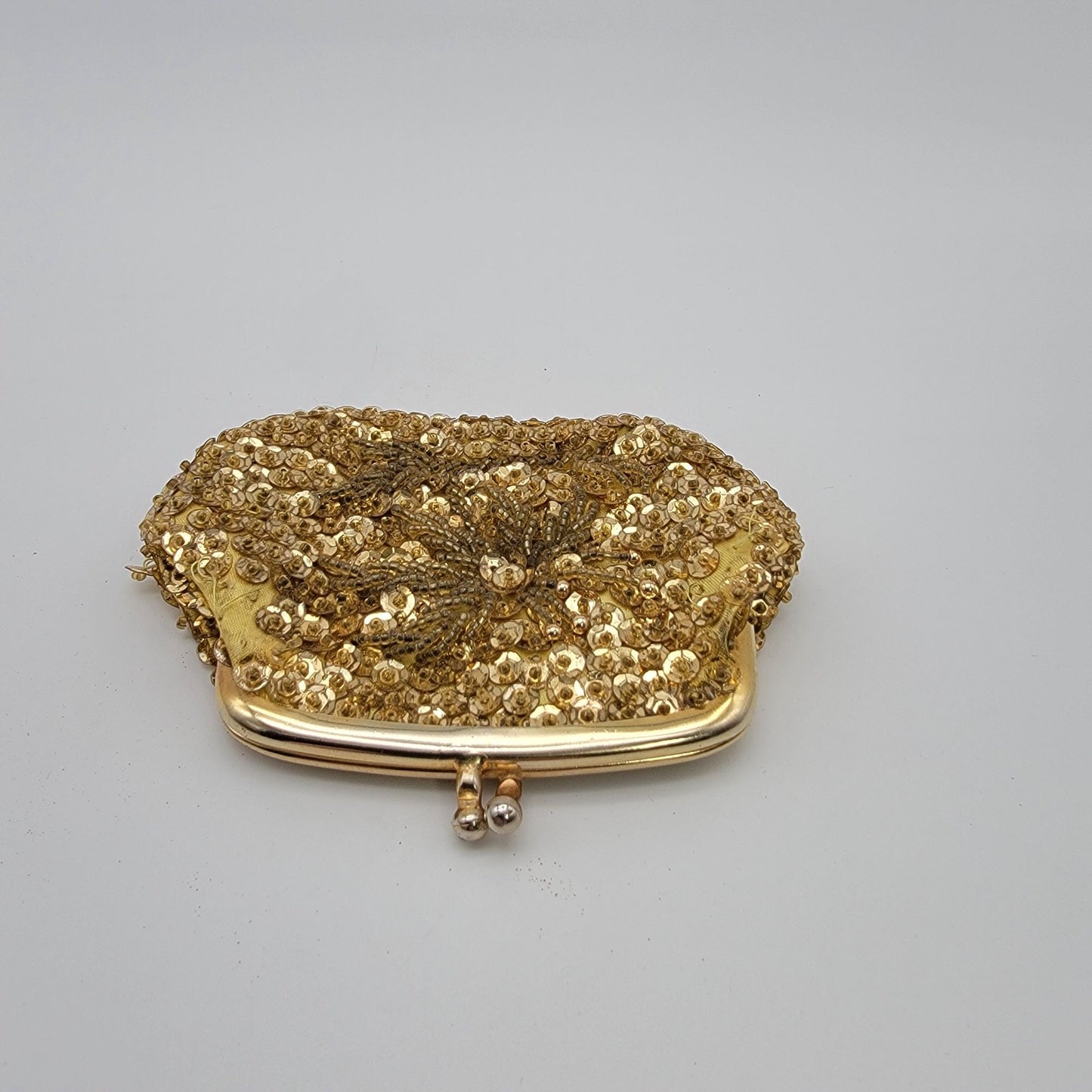 Vintage Gold Beaded & Sequins Evening Bag With Kiss Lock Closure