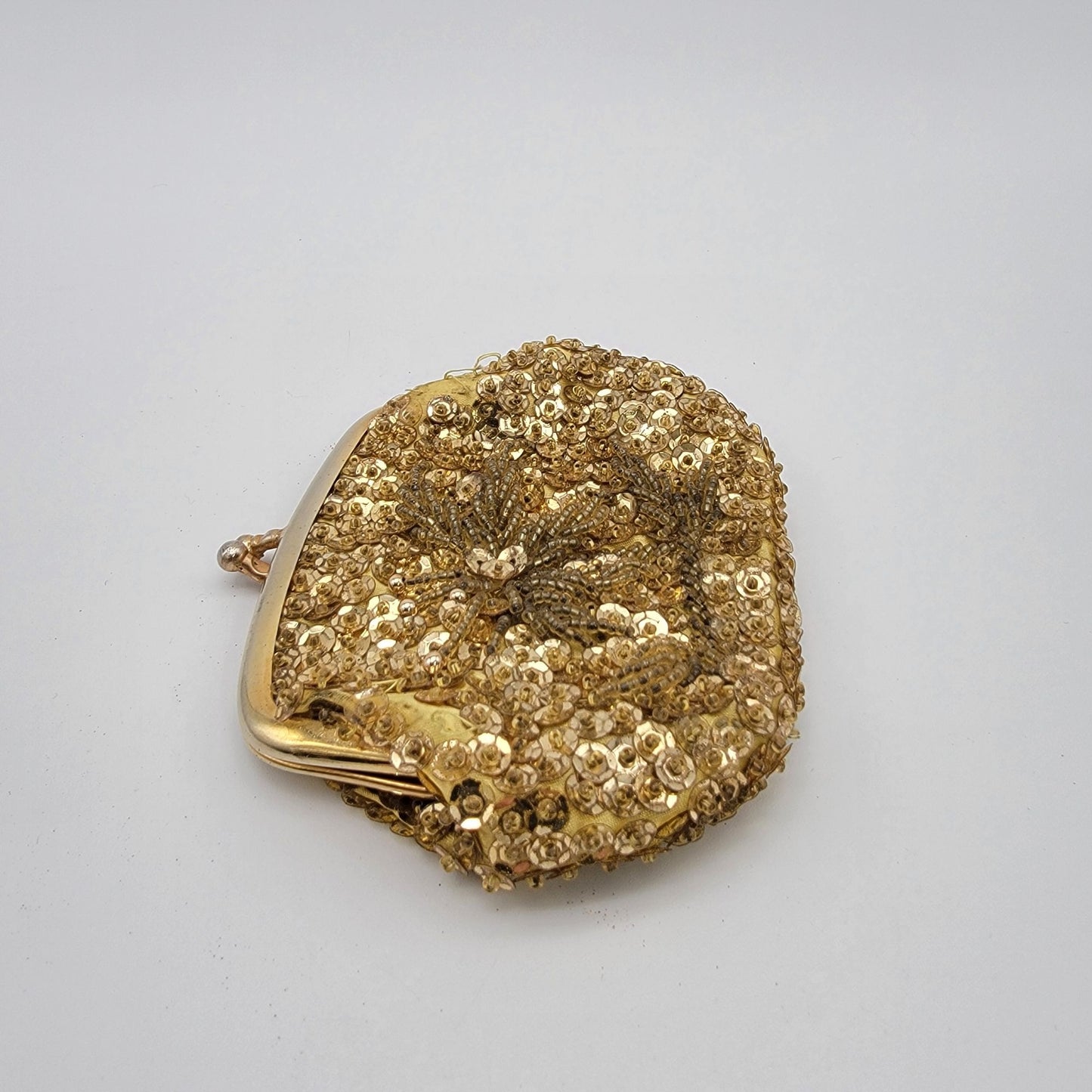 Vintage Gold Beaded & Sequins Evening Bag With Kiss Lock Closure