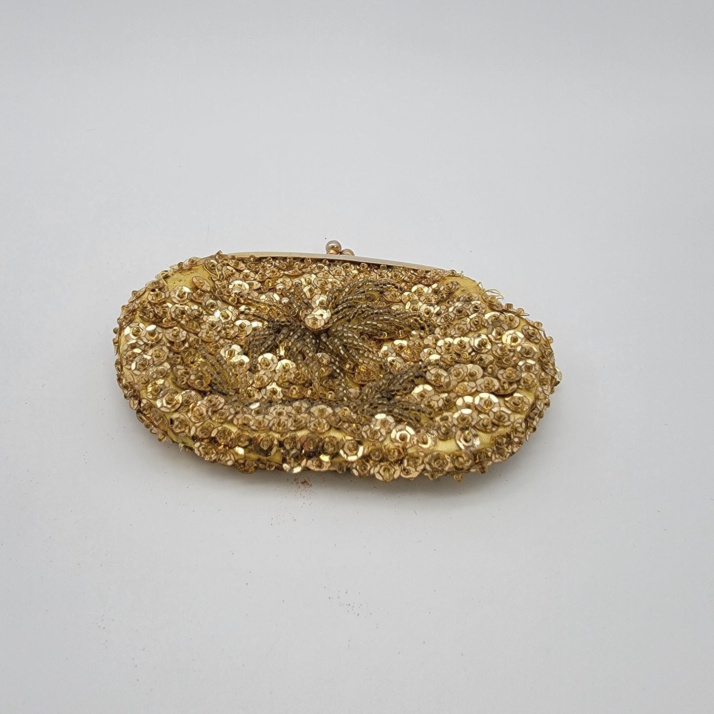 Vintage Gold Beaded & Sequins Evening Bag With Kiss Lock Closure