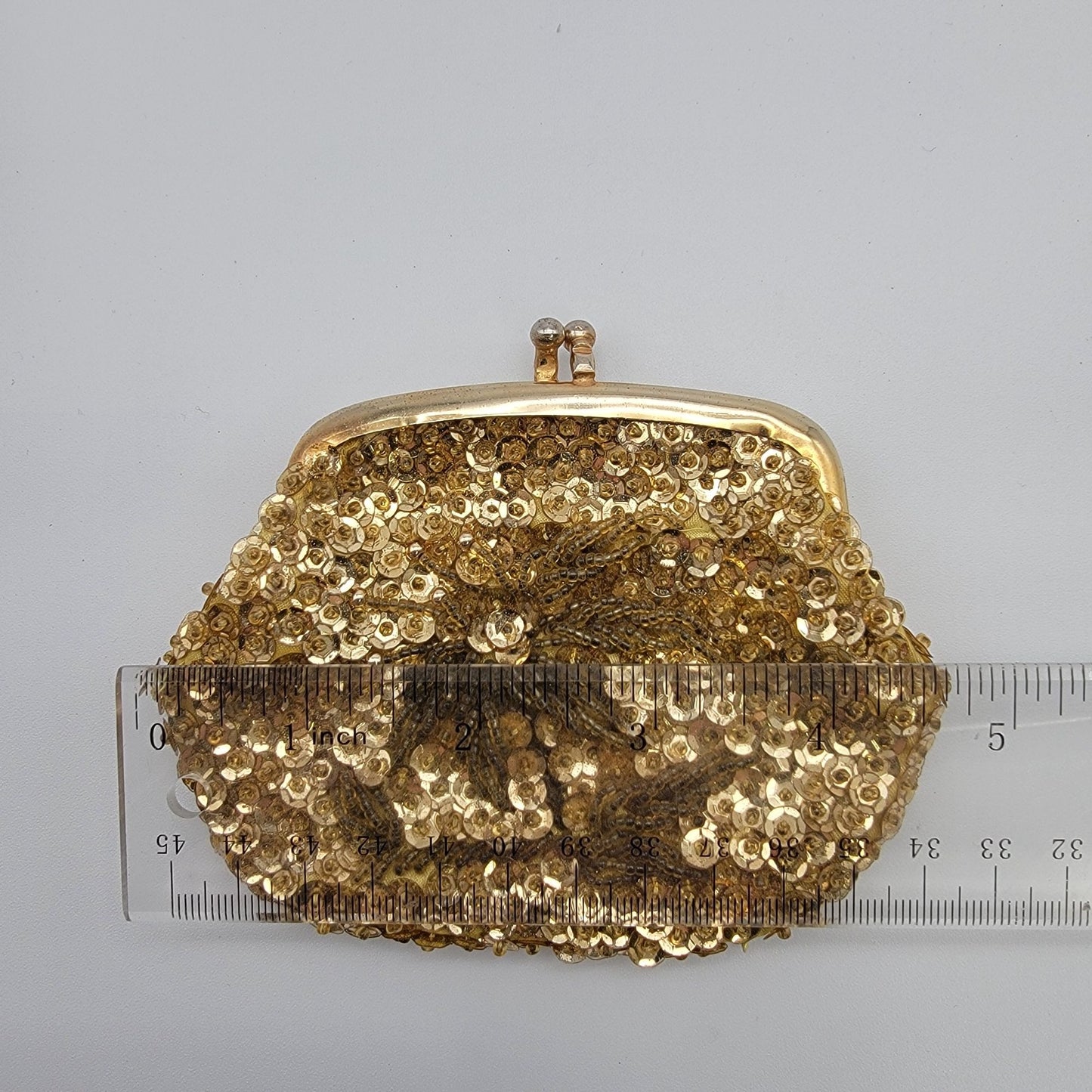 Vintage Gold Beaded & Sequins Evening Bag With Kiss Lock Closure