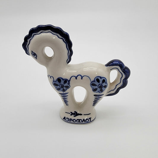 Vintage Gzhel Porcelain Russian Horse Figurine Hand-Painted Blue & White