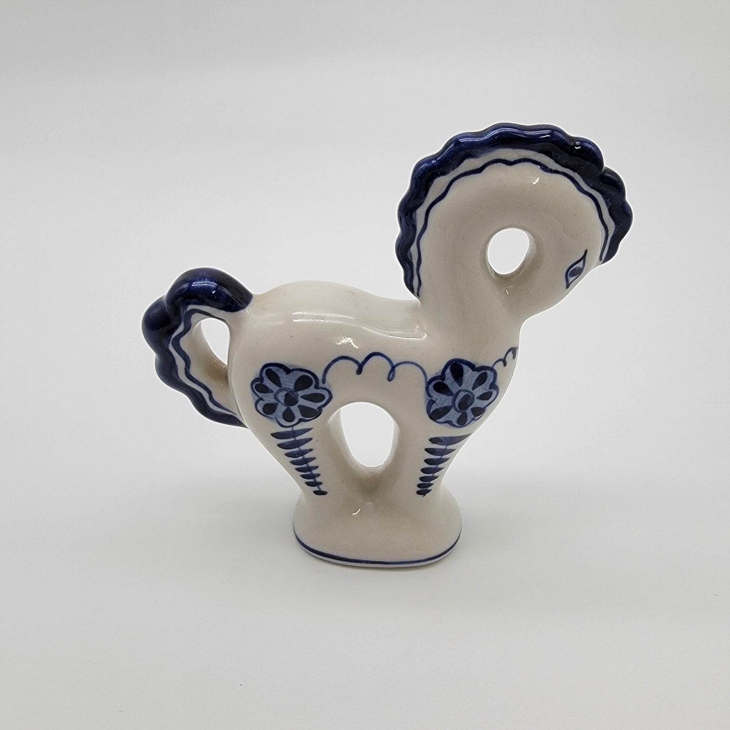 Vintage Gzhel Porcelain Russian Horse Figurine Hand-Painted Blue & White