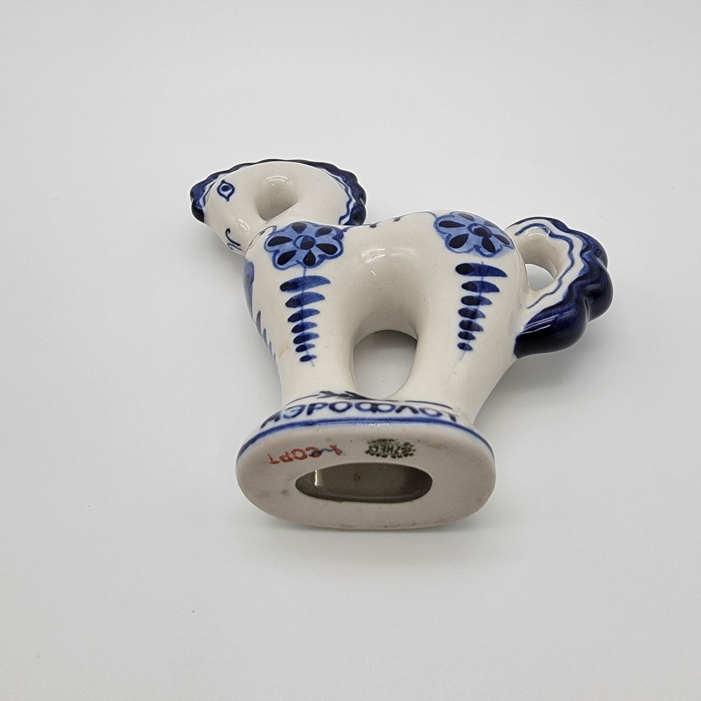 Vintage Gzhel Porcelain Russian Horse Figurine Hand-Painted Blue & White