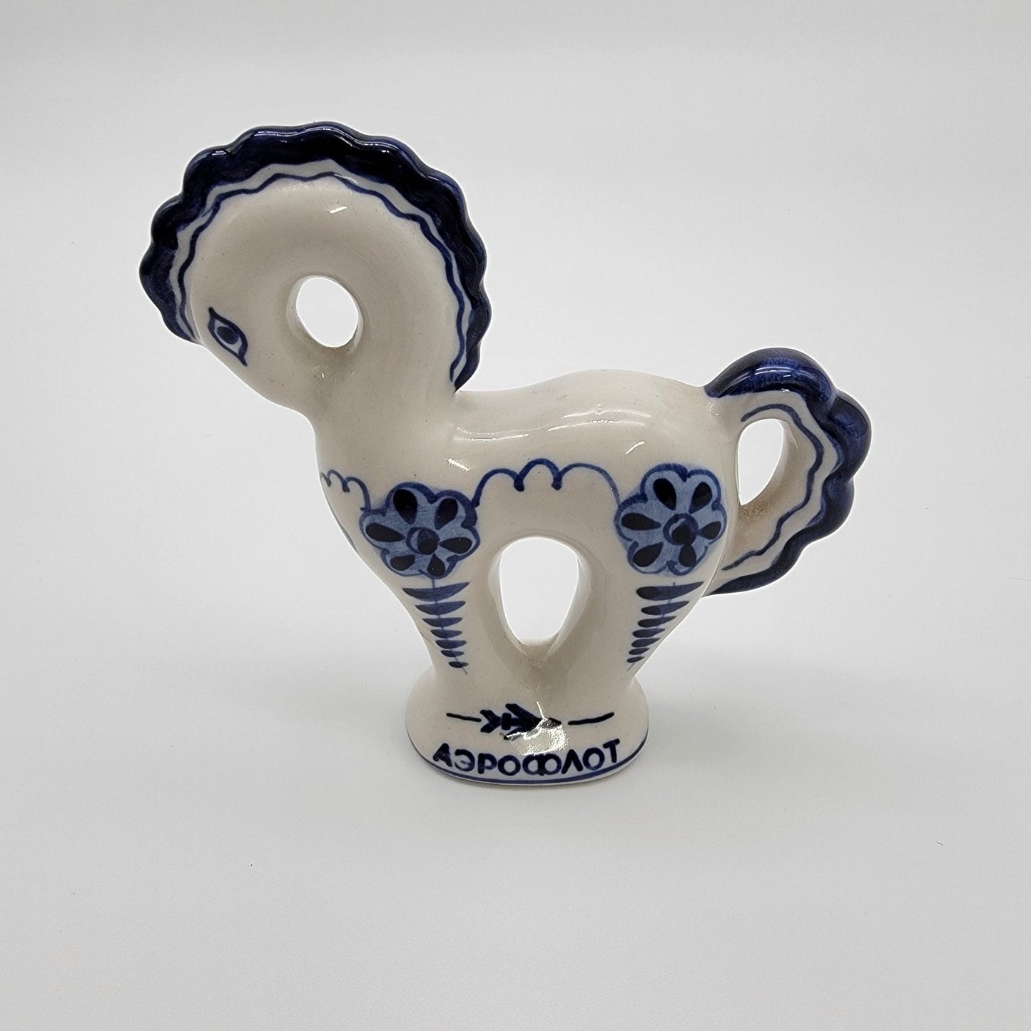 Vintage Gzhel Porcelain Russian Horse Figurine Hand-Painted Blue & White