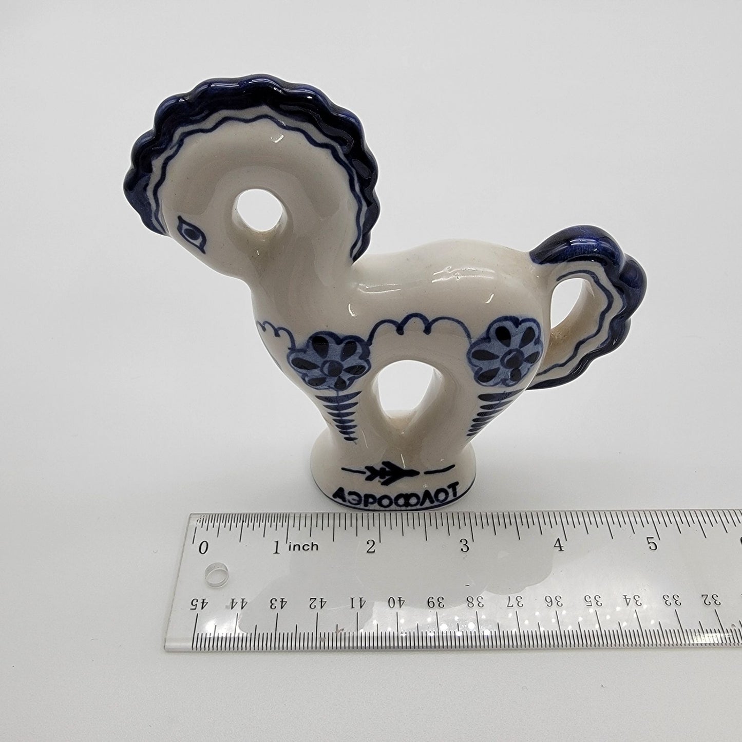 Vintage Gzhel Porcelain Russian Horse Figurine Hand-Painted Blue & White