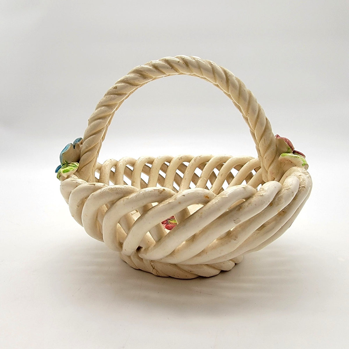 Vintage Made in Spain Lattice Pottery Basket with Flowers
