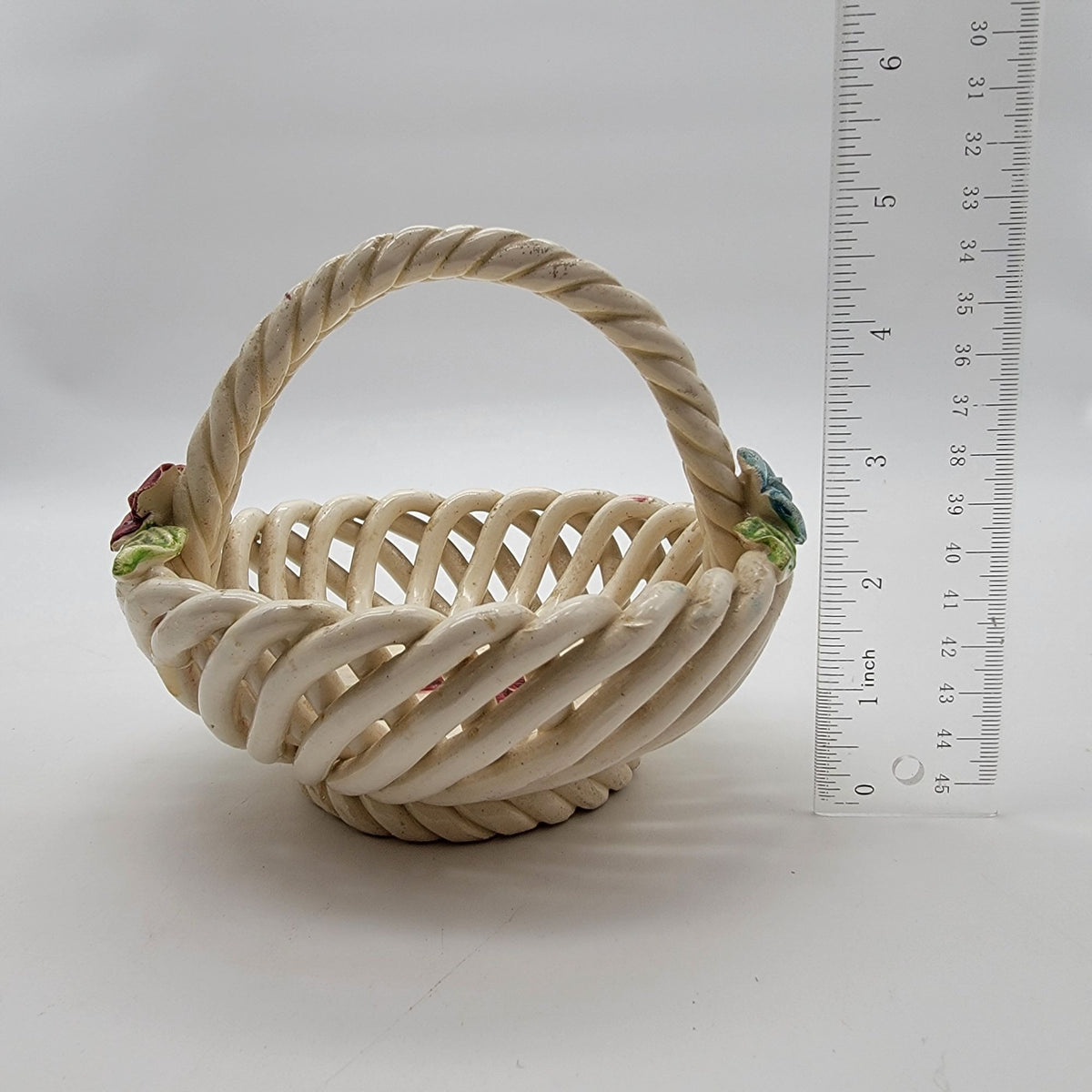 Vintage Made in Spain Lattice Pottery Basket with Flowers