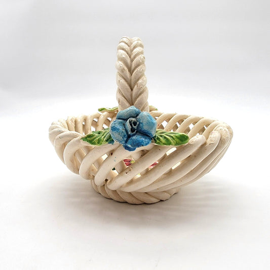 Vintage Made in Spain Lattice Pottery Basket with Flowers