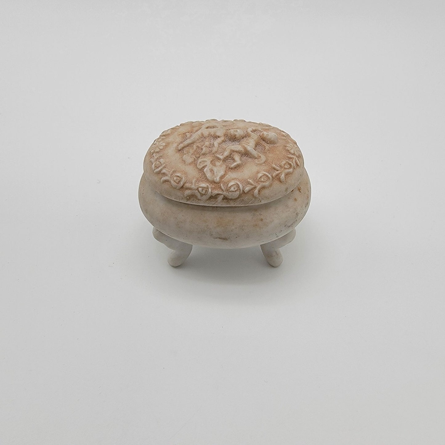 Dainty Lefton Footed Bisque Porcelain Trinket Box Cherub Motif