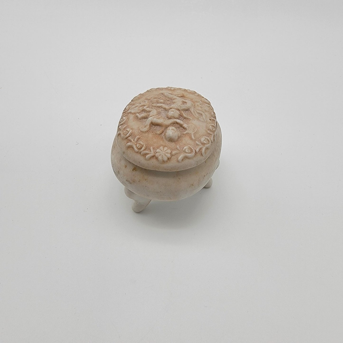 Dainty Lefton Footed Bisque Porcelain Trinket Box Cherub Motif